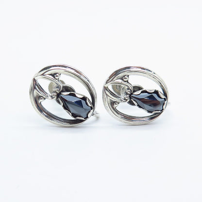 925 Sterling Silver Vintage Real Hematite Gemstone Screw Back Earrings