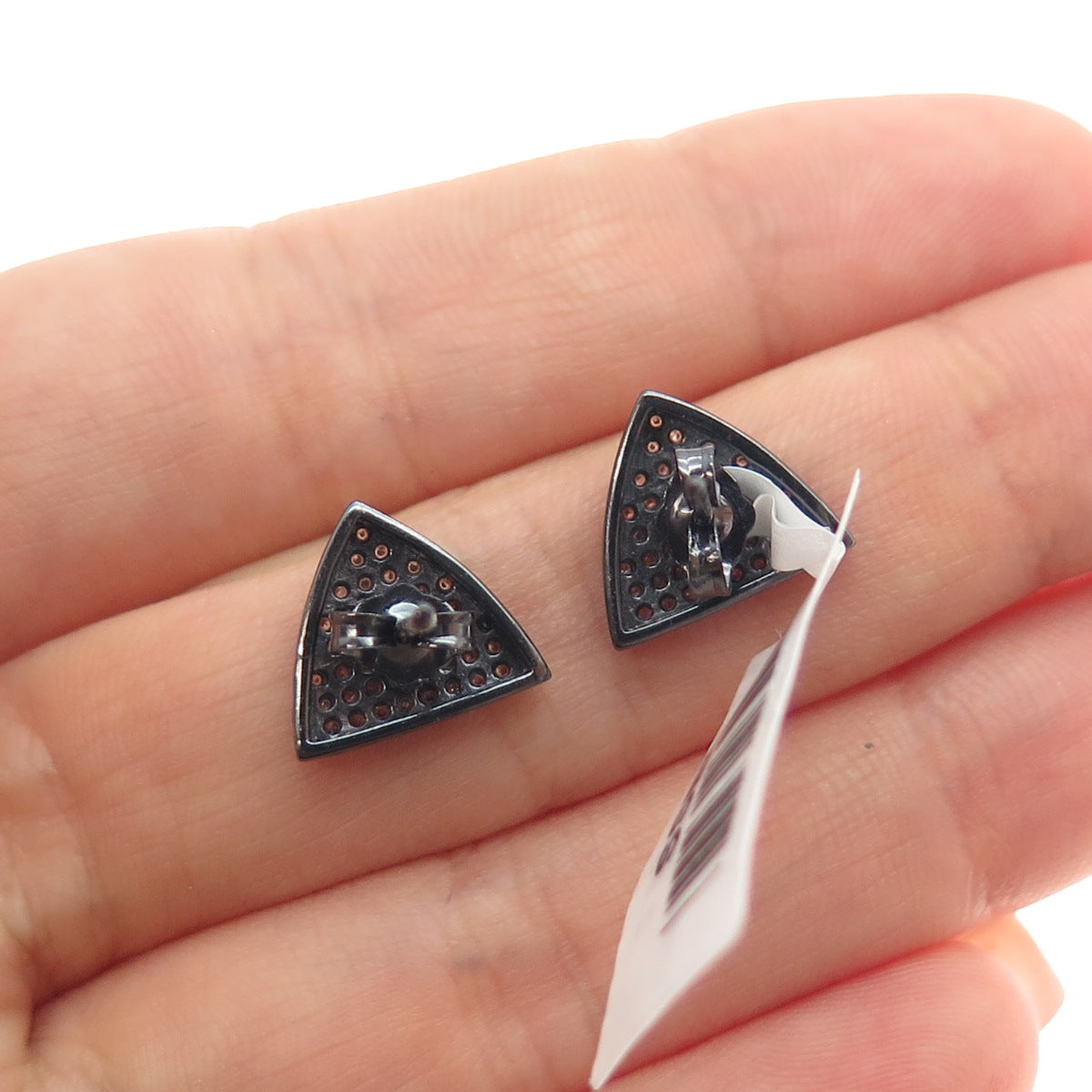 925 Sterling Silver Black Rhodium Round-Cut C Z Triangle Stud Earrings