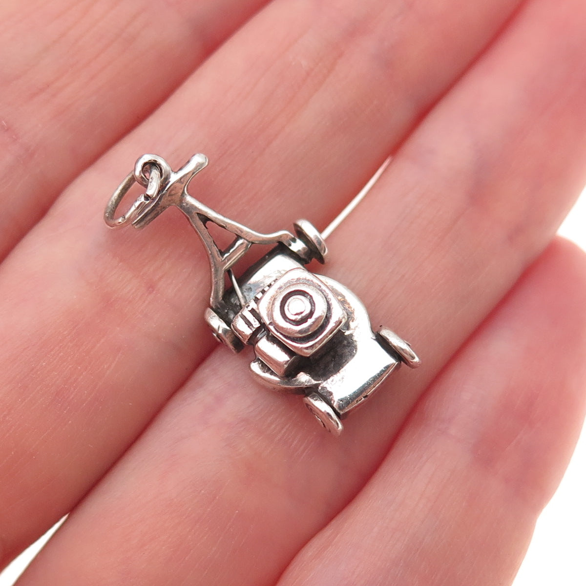 925 Sterling Silver Vintage Lawnmower Oxidized 3D Charm Pendant