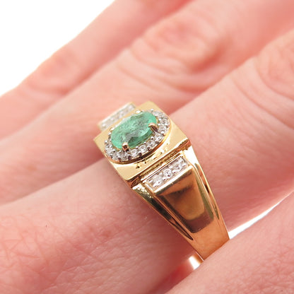 D'JOY 925 Sterling Silver Gold Plated Real Emerald & White Topaz Ring Size 10.25