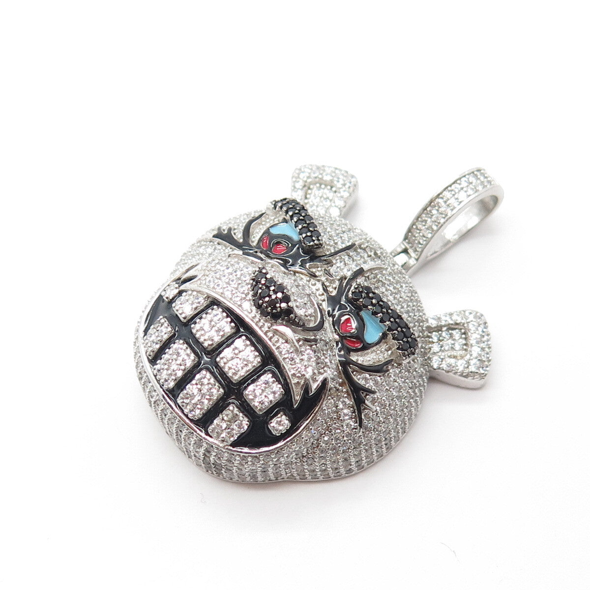 925 Sterling Silver REL Real Black Spinel Gemstone Enamel C Z Cartoon Pendant