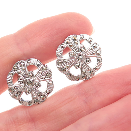 Sara Blaine Sterling Silver Vintage Real Marcasite Floral Screw Back Earrings