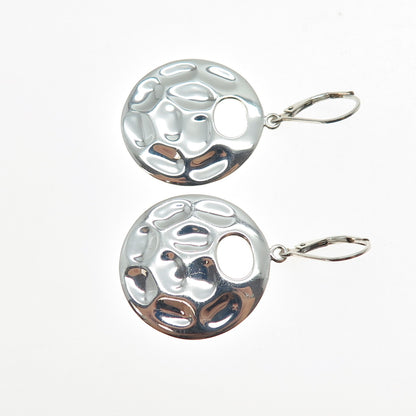 925 Sterling Silver Vintage Modernist Hammered Crescent Disc Dangle Earrings