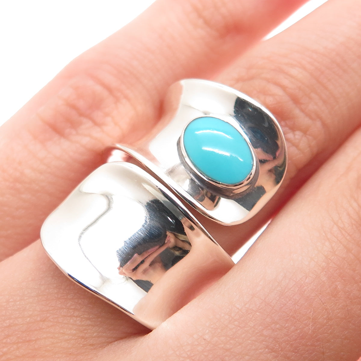 925 Sterling Silver Vintage HOB Mexico Real Turquoise Adjustable Ring Size 5.75