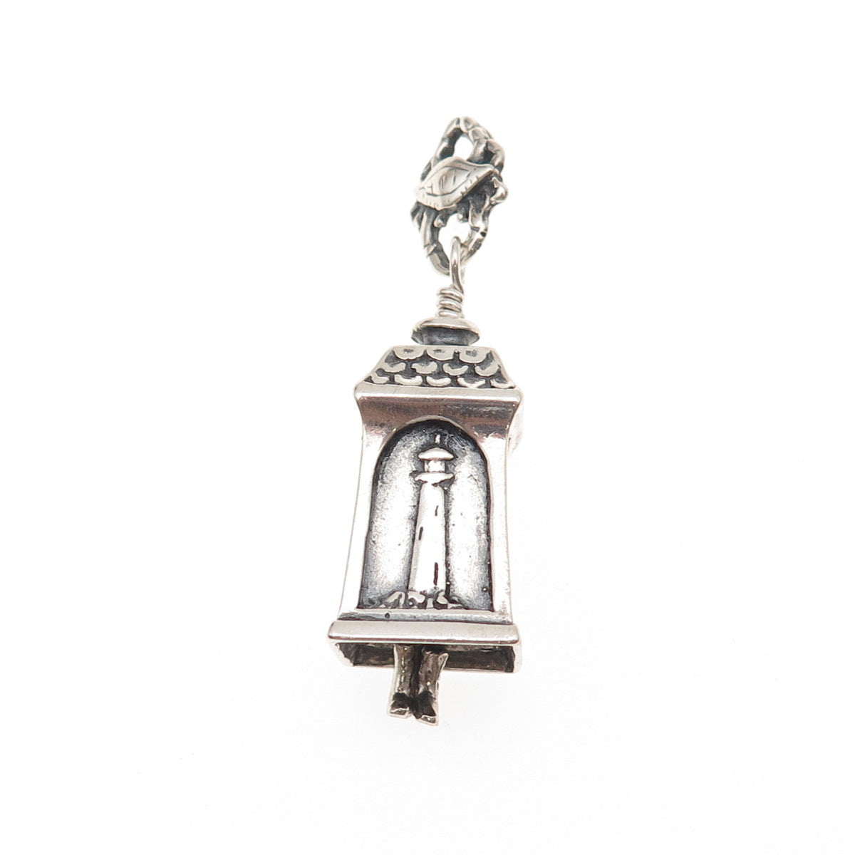 925 Sterling Vintage Lighthouse & Stork Bell 1791 Oxidized 3D Charm Pendant