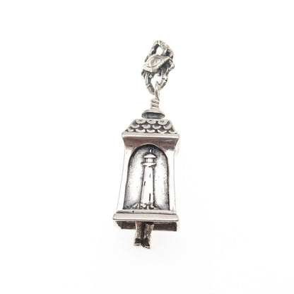 925 Sterling Vintage Lighthouse & Stork Bell 1791 Oxidized 3D Charm Pendant