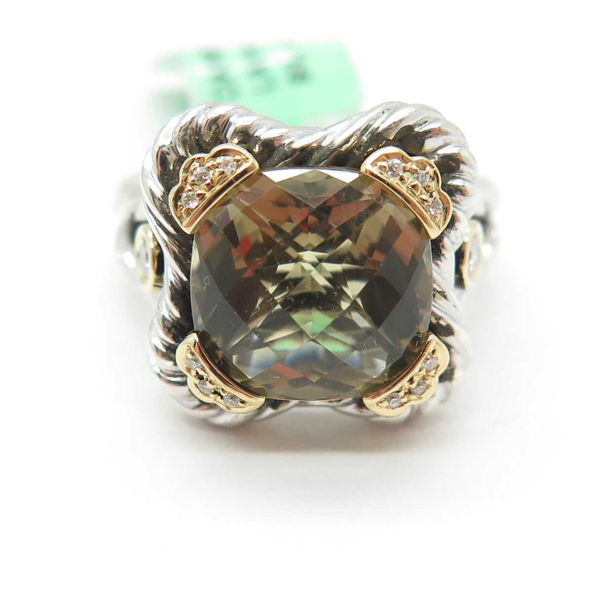 DANWAK 18K Gold Sterling 14 Diamond 0.13ct & Lemon Quartz 5.84ct Ring Size 7