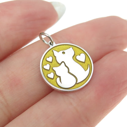 925 Sterling Silver Yellow Enamel Dog & Cat Friendship Minimalist Charm Pendant