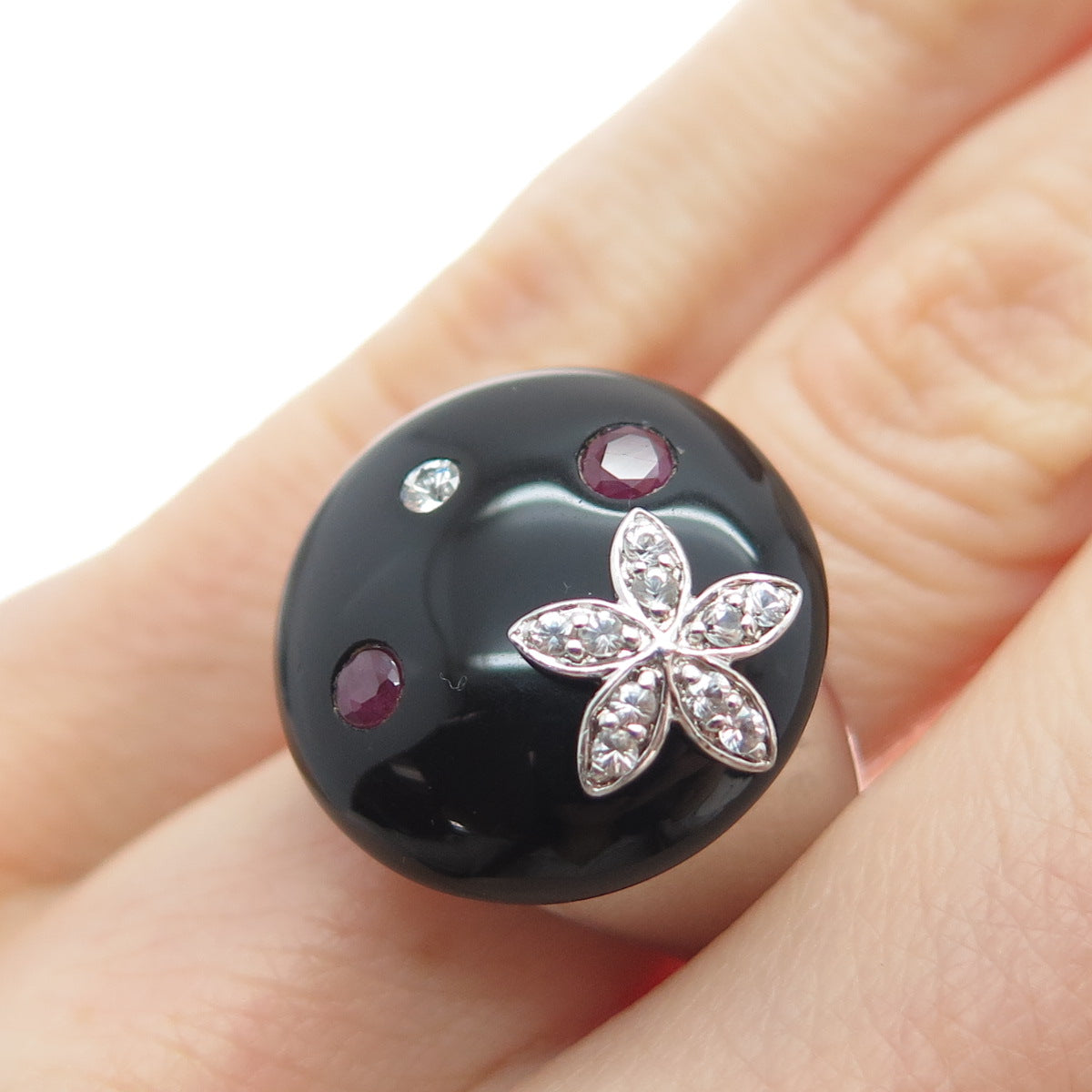 CLYDE DUNEIER CID 925 Sterling Silver Real Onyx Ruby Topaz Flower Ring Size 5.25