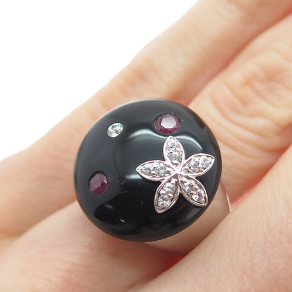 CLYDE DUNEIER CID 925 Sterling Silver Real Onyx Ruby Topaz Flower Ring Size 5.25
