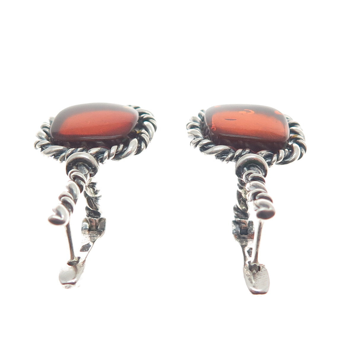 925 Sterling Silver Vintage Real Amber Roped Oxidized Earrings