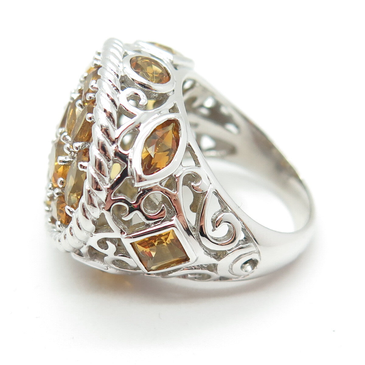 FADI 925 Sterling Silver Real Oval-Cut Citrine Cluster Ring Size 7.25