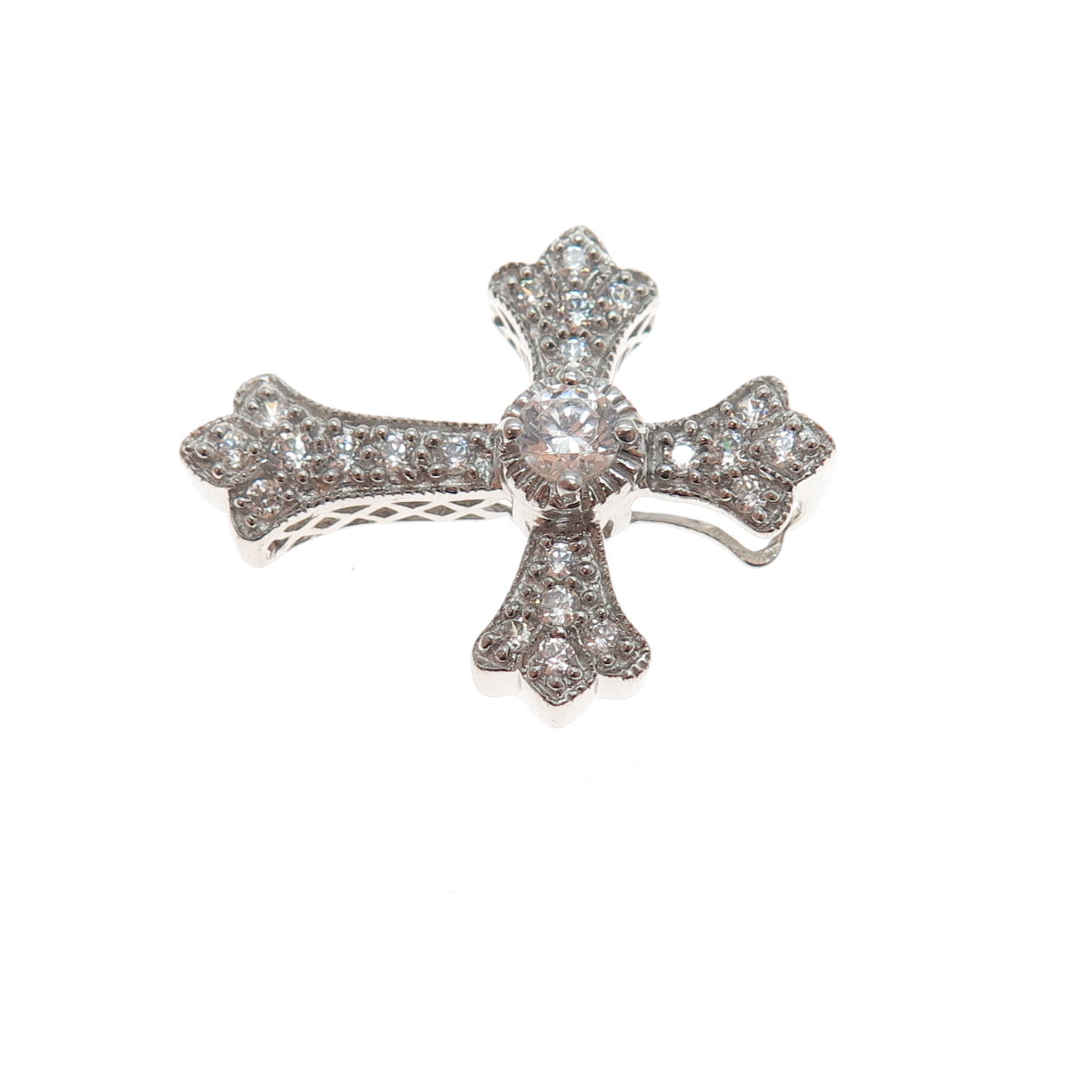MEDA 925 Sterling Silver Round-Cut C Z Cross Slide Charm Pendant