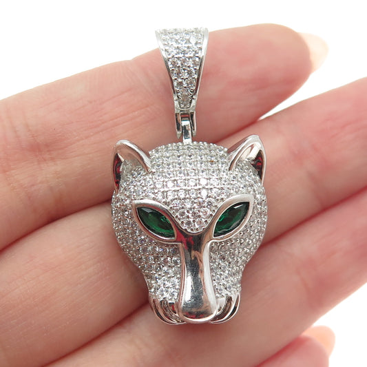 925 Sterling Silver Nano Emerald & Round-Cut C Z Panther's Head Pendant