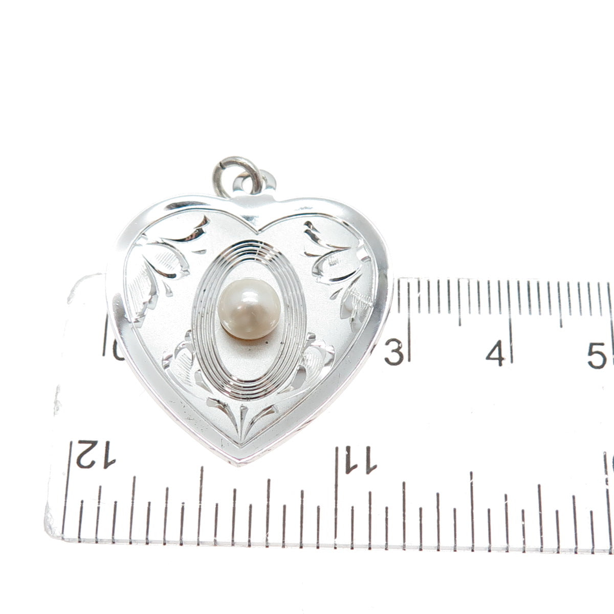 THEDA 925 Sterling Silver Vintage Real Pearl Engraved Heart Charm Pendant