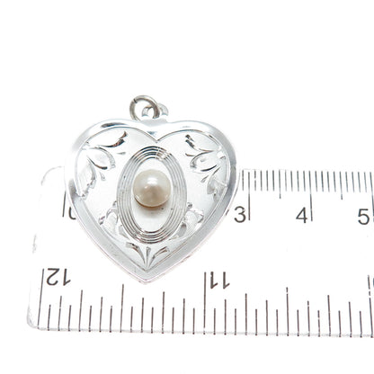 THEDA 925 Sterling Silver Vintage Real Pearl Engraved Heart Charm Pendant