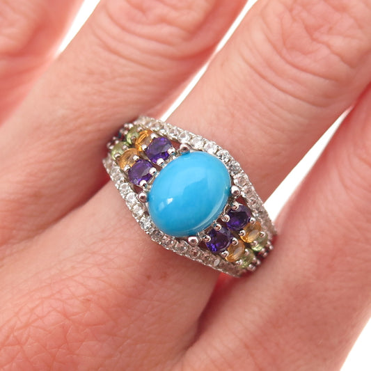 925 Sterling Silver Real Sleeping Beauty Turquoise & Multi-Gem Ring Size 8