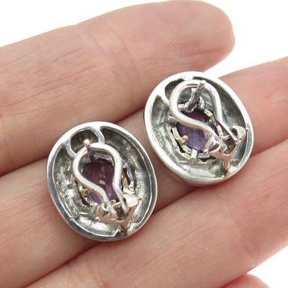 925 Sterling Silver & 14K Yellow Gold Vintage Real Amethyst Omega Back Earrings