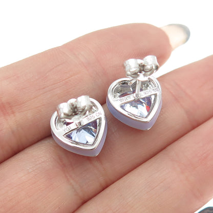 925 Sterling Silver Lavender Enamel Heart-Cut C Z Earrings