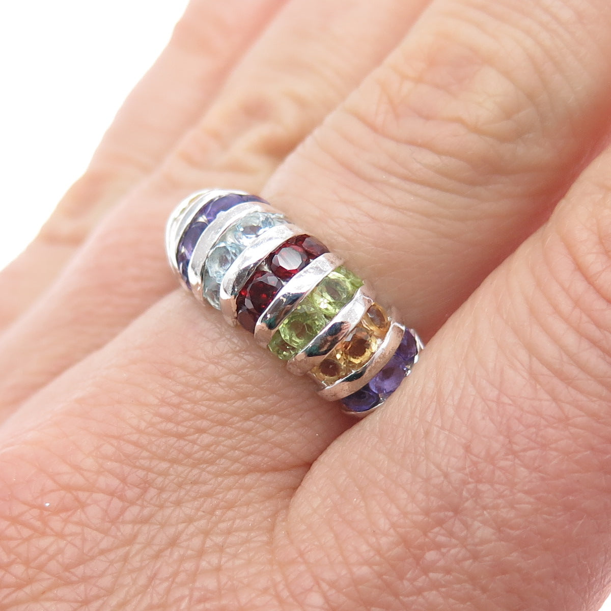 925 Sterling Vintage Real Blue Topaz Amethyst Garnet Peridot Citrine Ring Size 7
