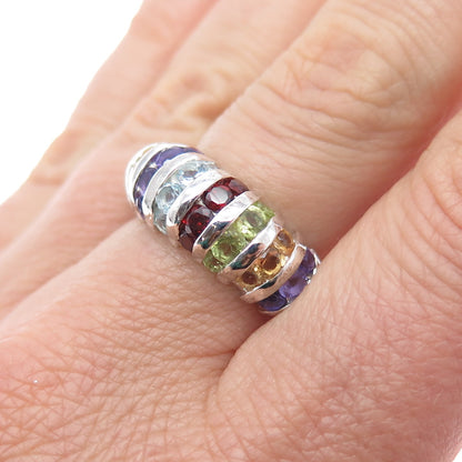 925 Sterling Vintage Real Blue Topaz Amethyst Garnet Peridot Citrine Ring Size 7