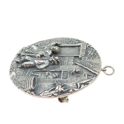 925 Sterling Silver Antique Art Deco Storyteller Oxidized Pin Brooch / Pendant