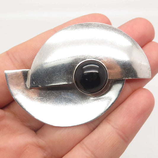 925 Sterling Silver Vintage Mexico Real Black Onyx Gem Modernist Pin Brooch
