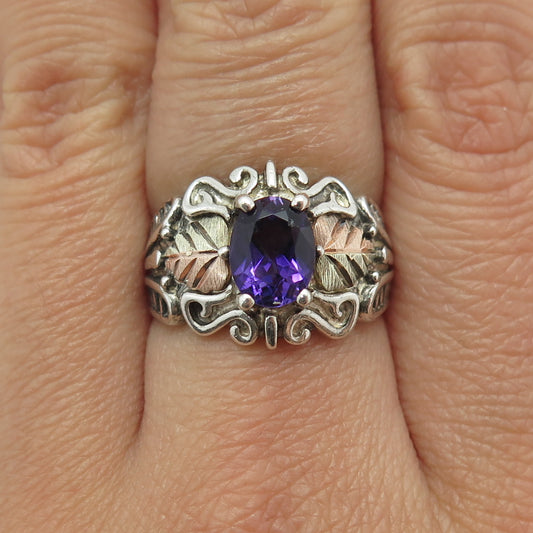 COLEMAN CO 12K Multi-Gold Sterling Silver Vintage Amethyst Floral Ring Size 7.25