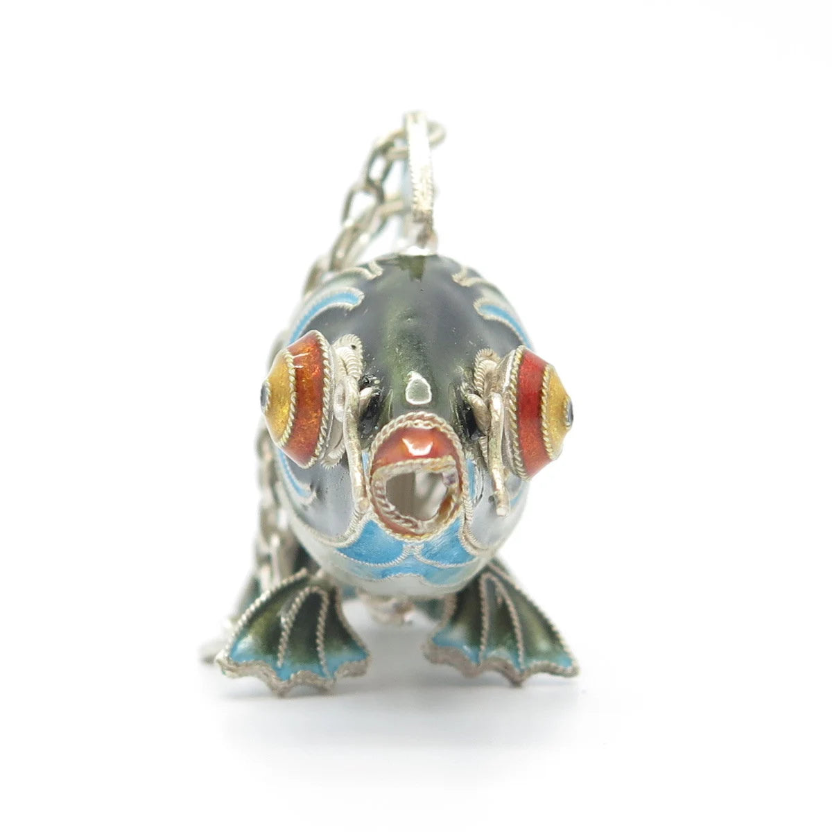 925 Sterling Silver Enamel Antique Chinese Koi Fish Chatelaine Pendant / Fob