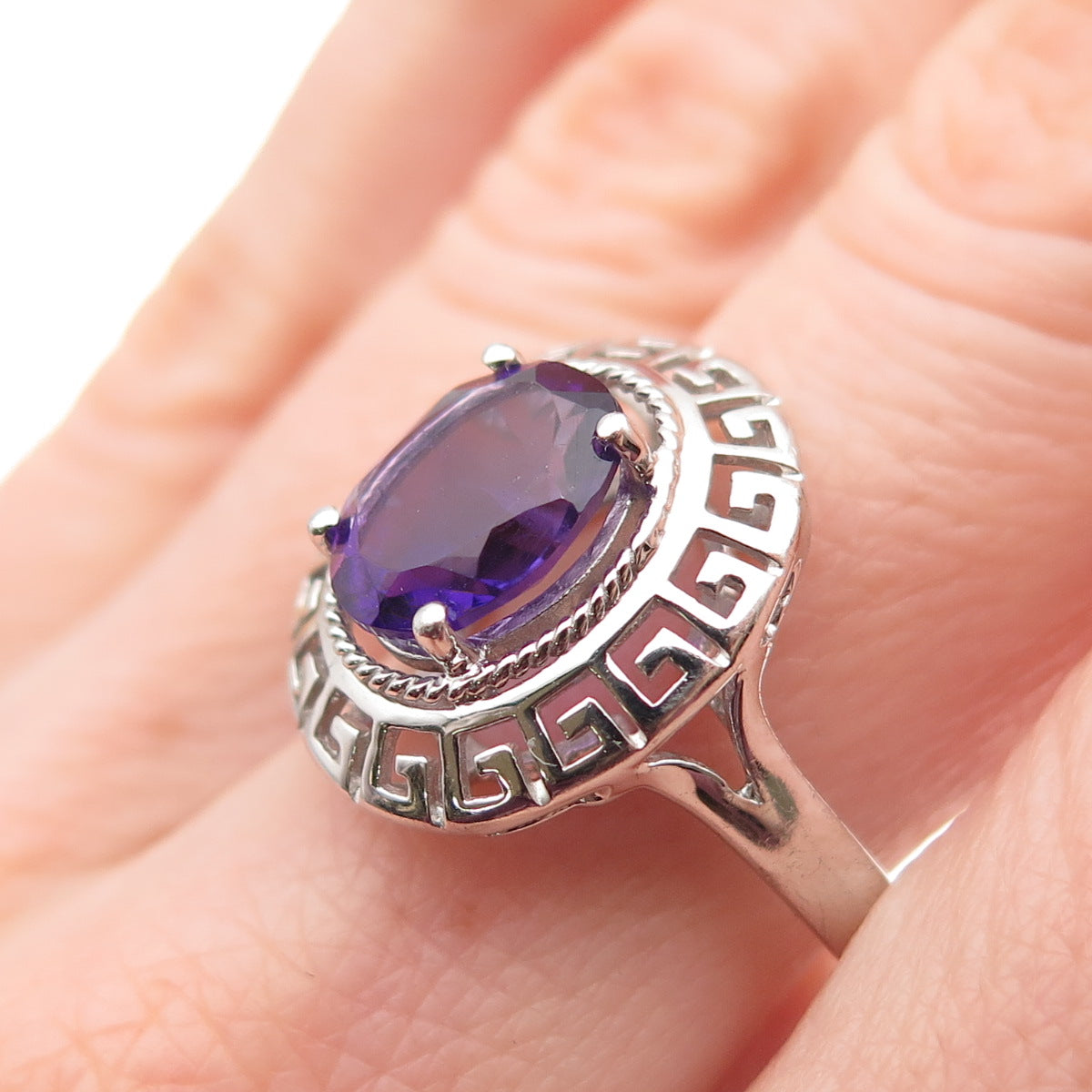 925 Sterling Silver Real Oval-Cut Amethyst Greek Key Ring Size 9