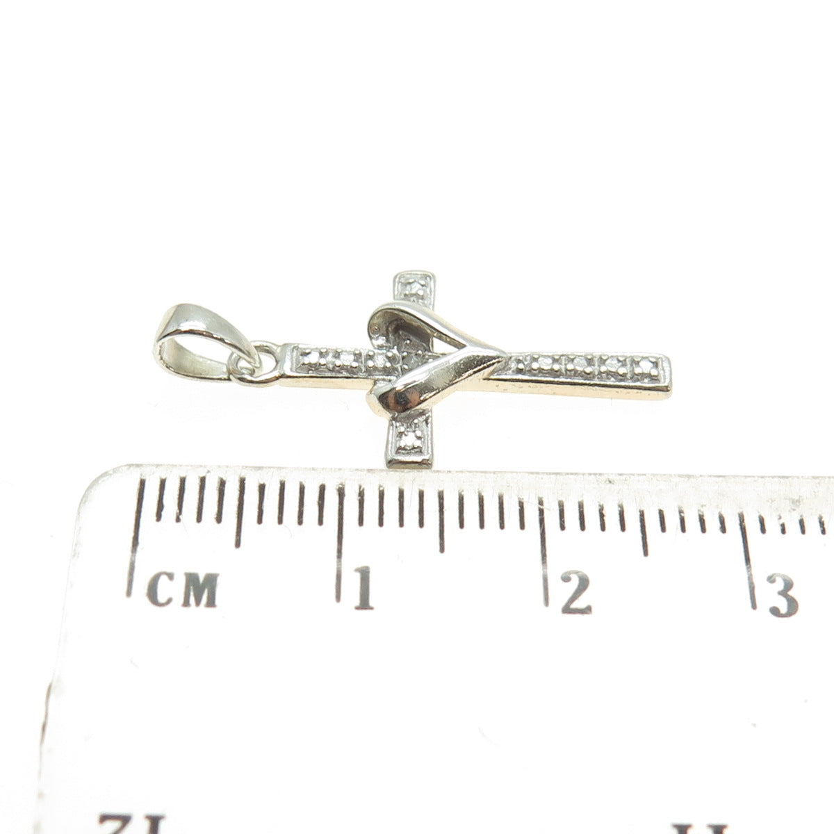 925 Sterling Silver Real White Diamond Accent Cross w/Heart Pendant