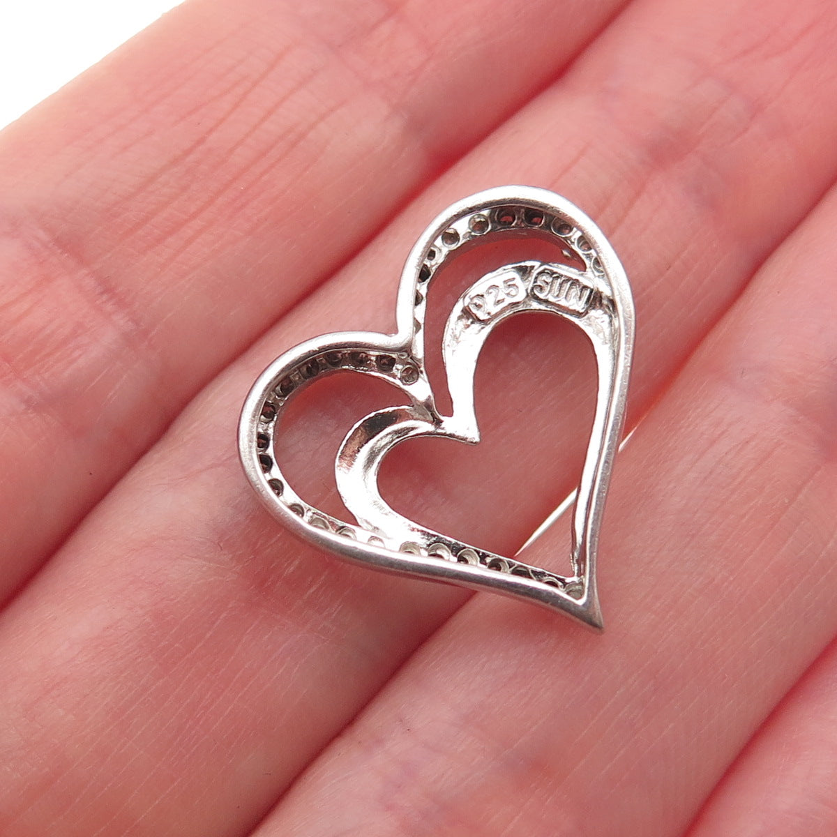 SUN 925 Sterling Silver Real Round-Cut Diamond Heart Mini Slide Charm Pendant