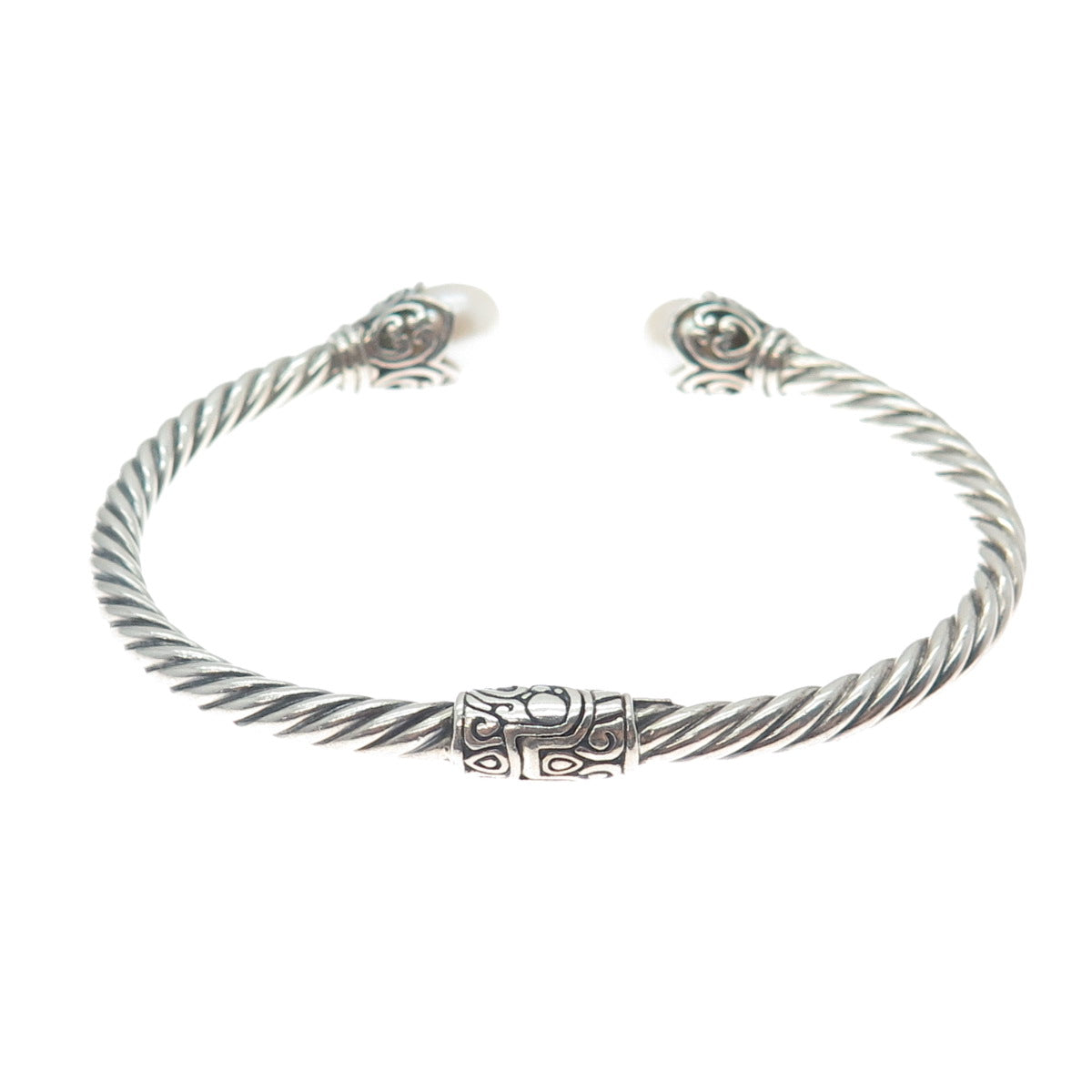 925 Sterling Silver Vintage Real Pearl Floral Oxidized Cuff Bracelet 6.25"