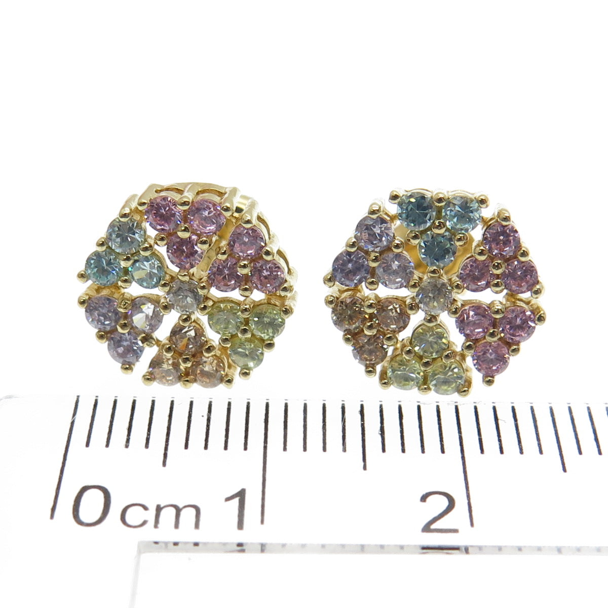 925 Sterling Silver Gold Plated Round-Cut Multi-Color C Z Flower Earrings