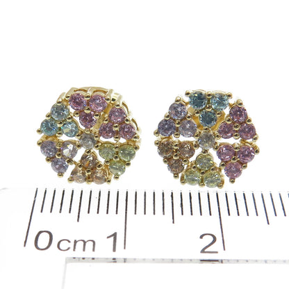 925 Sterling Silver Gold Plated Round-Cut Multi-Color C Z Flower Earrings