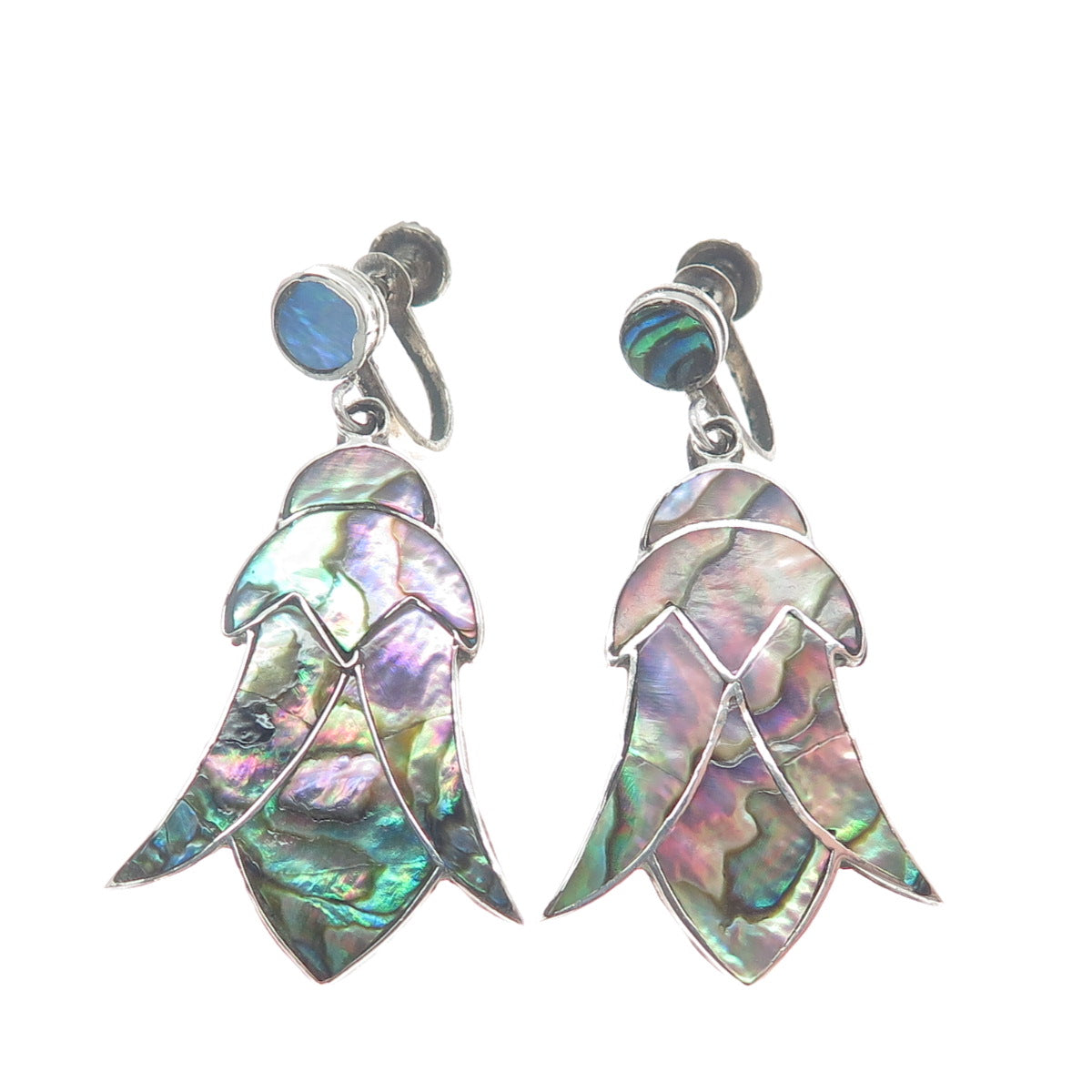925 Sterling Silver Vintage Mexico Real Abalone Shell Flower Screw Back Earrings