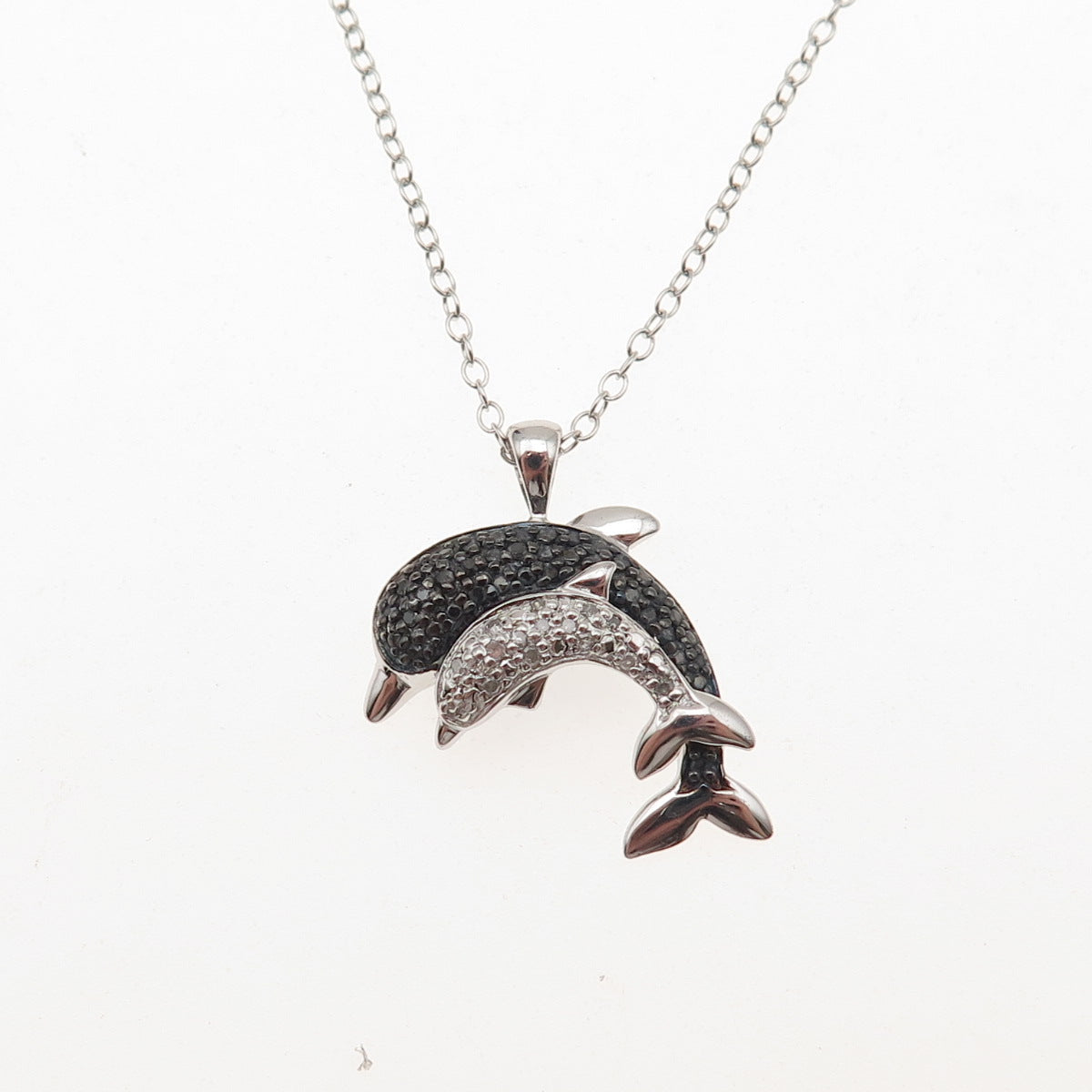 925 Sterling Silver Real Black & White Diamond Dolphin Cable Chain Necklace 18"