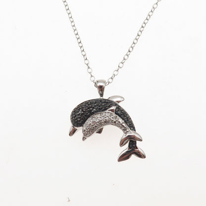 925 Sterling Silver Real Black & White Diamond Dolphin Cable Chain Necklace 18"