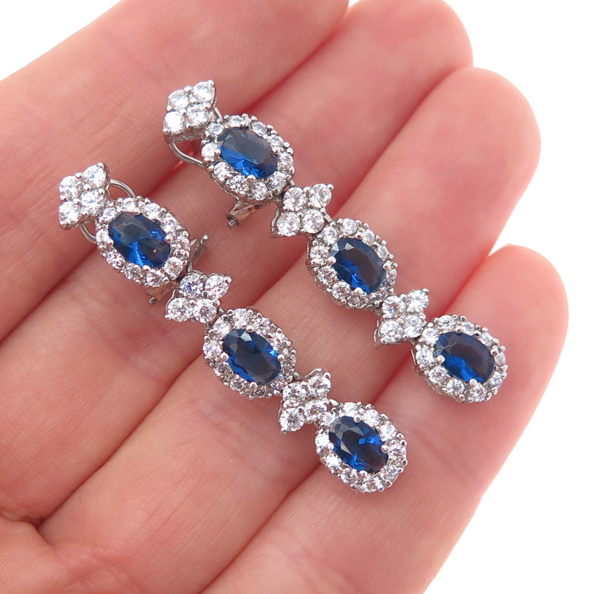 925 Sterling Silver Blue & White C Z Dangle Omega Back Earrings