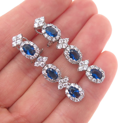 925 Sterling Silver Blue & White C Z Dangle Omega Back Earrings