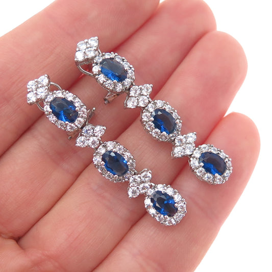 925 Sterling Silver Blue & White C Z Dangle Omega Back Earrings