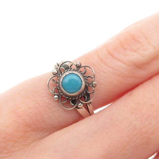Old Pawn 925 Sterling Silver Vintage Southwestern Turquoise Floral Ring Size 4.5
