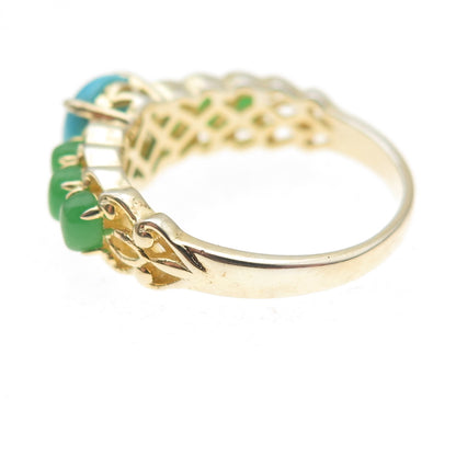 925 Sterling Silver Gold Plated Real Turquoise & Aventurine Ring Size 8.25