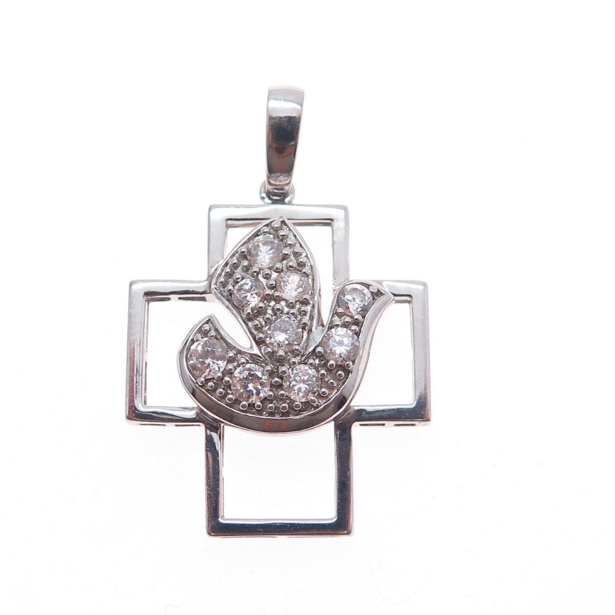 925 Sterling Silver Vintage Round-Cut C Z Holy Spirit Cross Charm Pendant