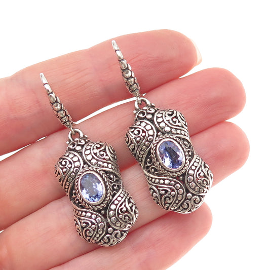 Sarda 925 Sterling Silver Vintage Real Iolite Ornate Oxidized Dangle Earrings