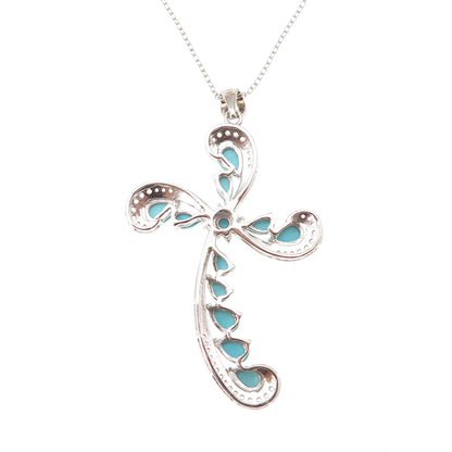 925 Sterling Silver Real Turquoise & White Topaz Cross Cable Chain Necklace 18"