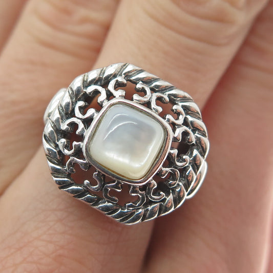 CHAPAL ZENRAY Sterling Silver Vintage Real Mother-of-Pearl Ornate Ring Size 7.25