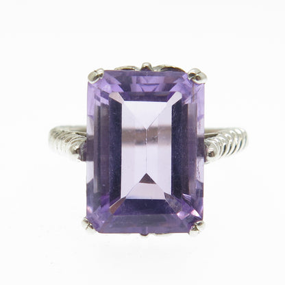 925 Sterling Silver Vintage Real Emerald-Cut Amethyst Twisted Ring Size 6.75