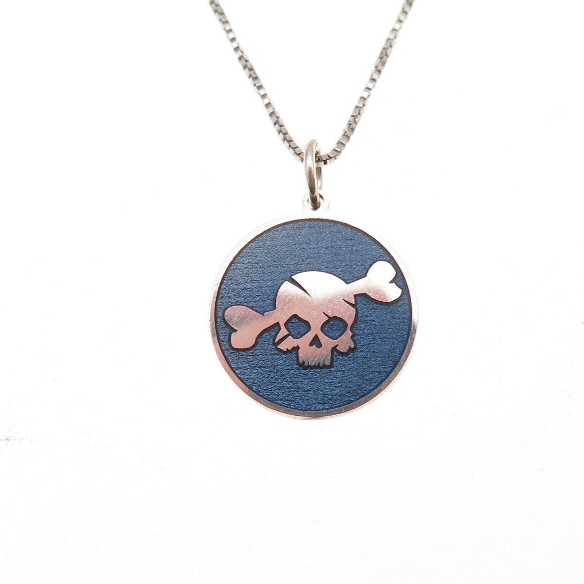 925 Sterling Silver Blue Enamel Skull & Bone Box Chain Necklace 18"
