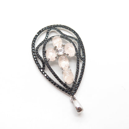 925 Sterling Silver Real Rose Quartz & White Topaz & Black Spinel Pear Pendant